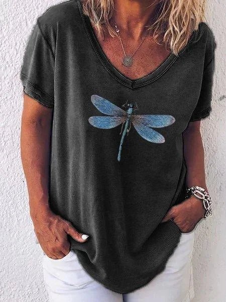 Harlow | Casual V-Neck Tee with Dragonfly Print and Short Sleeves