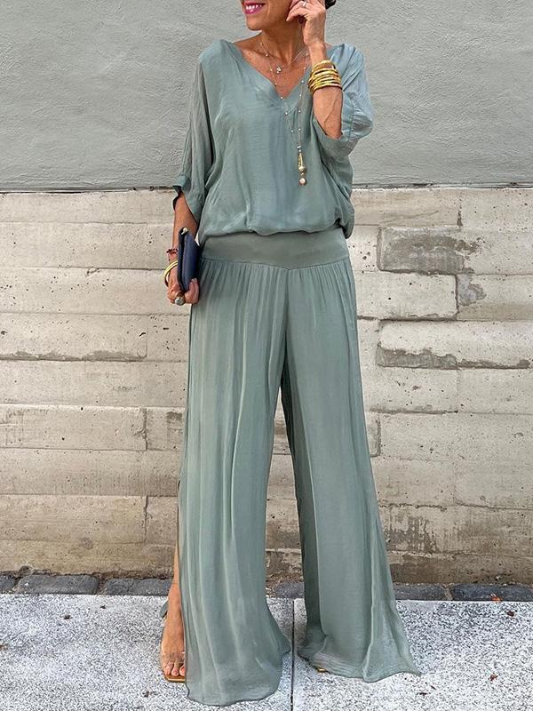 Celeste | Women's V-Neck Jumpsuit with Batwing Sleeves and Wide Legs