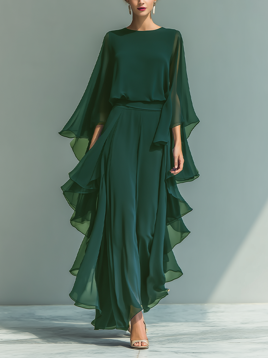 Florence | Women's Chiffon Flared Sleeve Top And Straight Leg Trousers Set