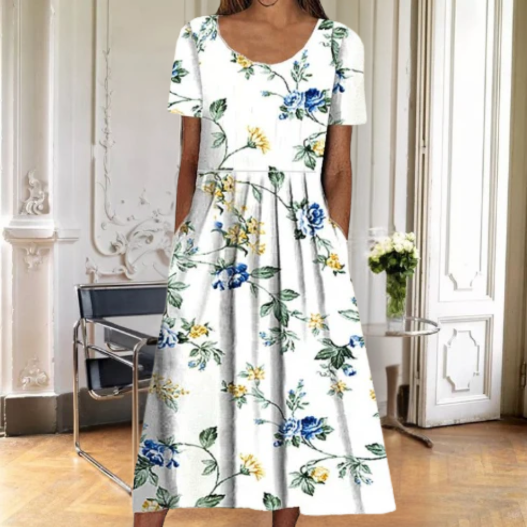 Faye | Women's Floral Dress with Short Sleeves and A-Line Silhouette