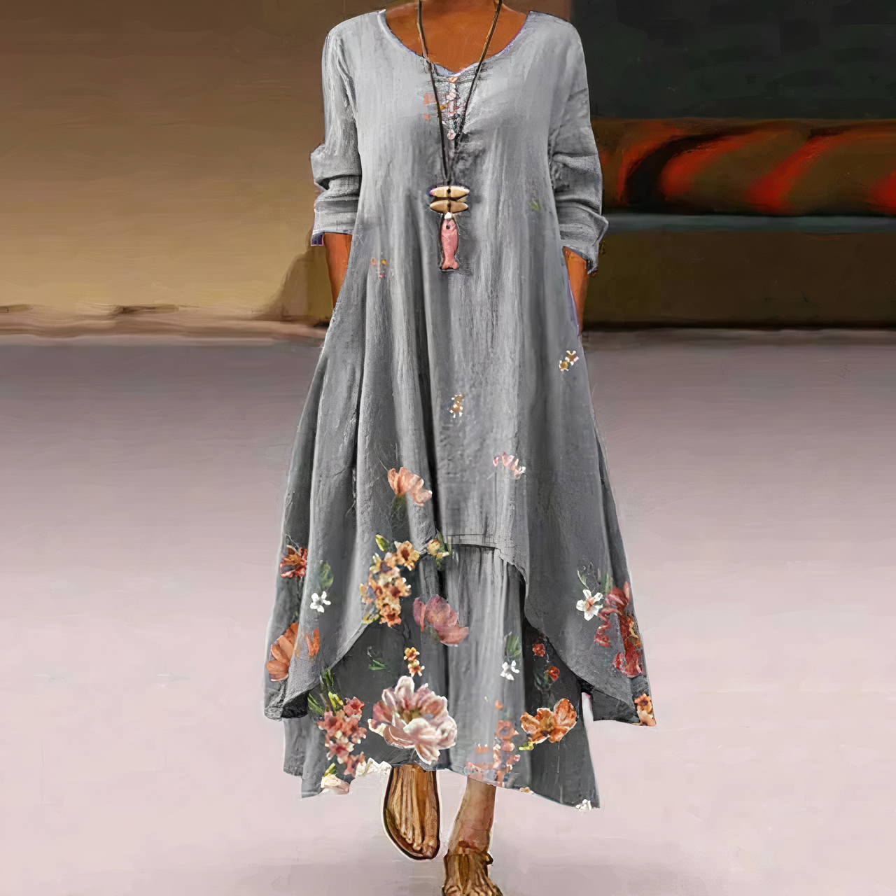 Flora | Women's Floral Print Long Sleeve Loose Maxi Dress