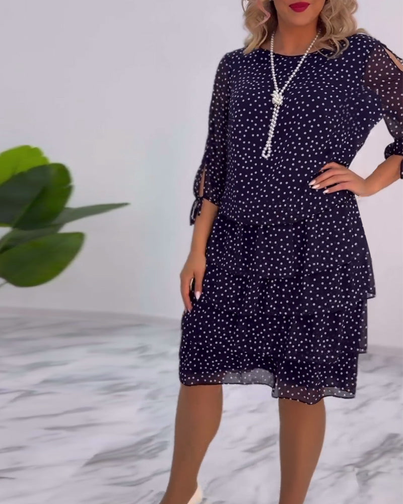 Dotty | Women's Polka Dot Tiered Midi Dress 3/4 Sleeve Chiffon