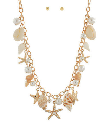 Shells, Pearls and Starfish Charm Necklace