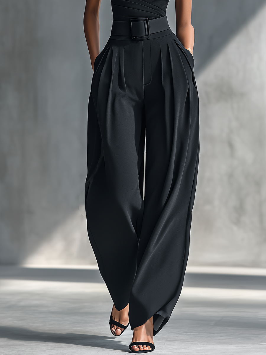 Avery | Women's Black High-elastic Knit Top And Wide-leg Pants
