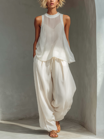 Annabelle | Women's Sleeveless Chiffon Top And Drawstring Wide Leg Trousers Set