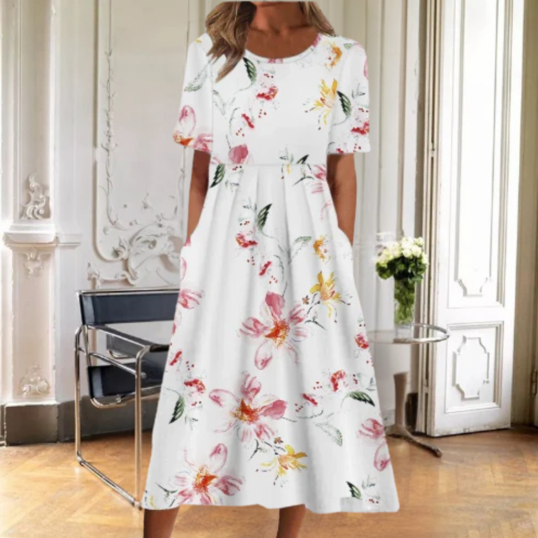 Faye | Women's Floral Dress with Short Sleeves and A-Line Silhouette
