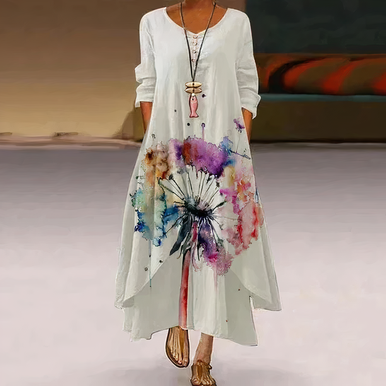 Flora | Women's Floral Print Long Sleeve Loose Maxi Dress