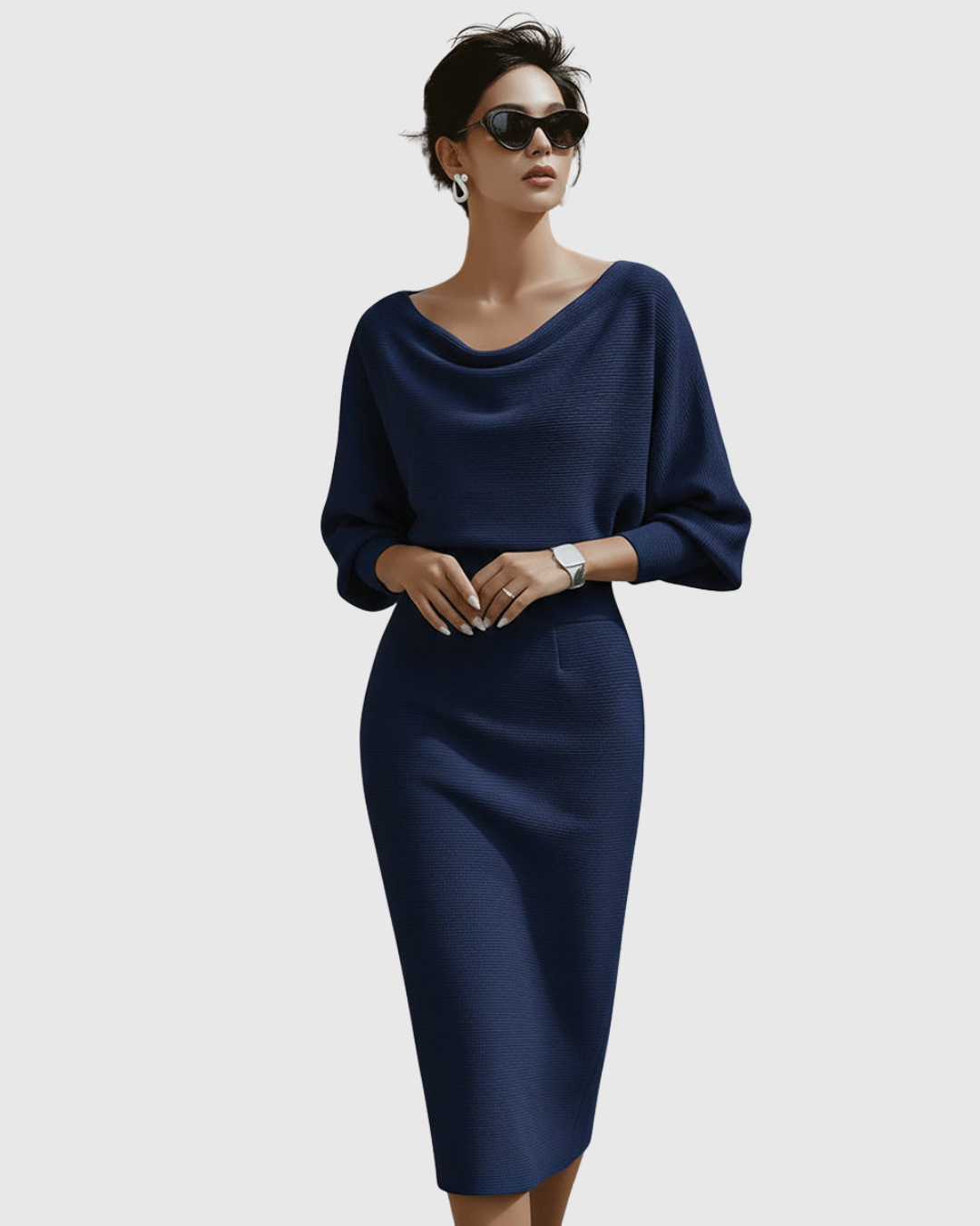 Adriana | Women's Midi Dress with Cowl Neck and Batwing Sleeves