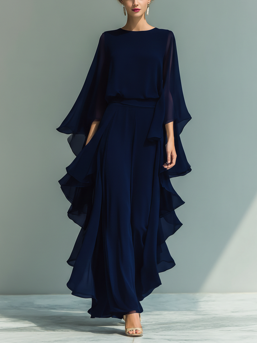 Florence | Women's Chiffon Flared Sleeve Top And Straight Leg Trousers Set
