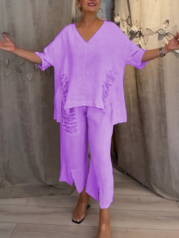 Avery | Women's Casual 2-Piece Set with V-Neck Top and Cropped Trousers