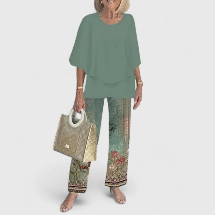 Celine | Women's Floral Print Top with Wide-Leg Trousers Set