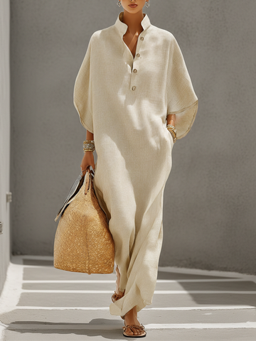 Emily | Linen Dress With Mandarin Collar & Dolman Sleeves, Timeless Resort-Casual Style Dress