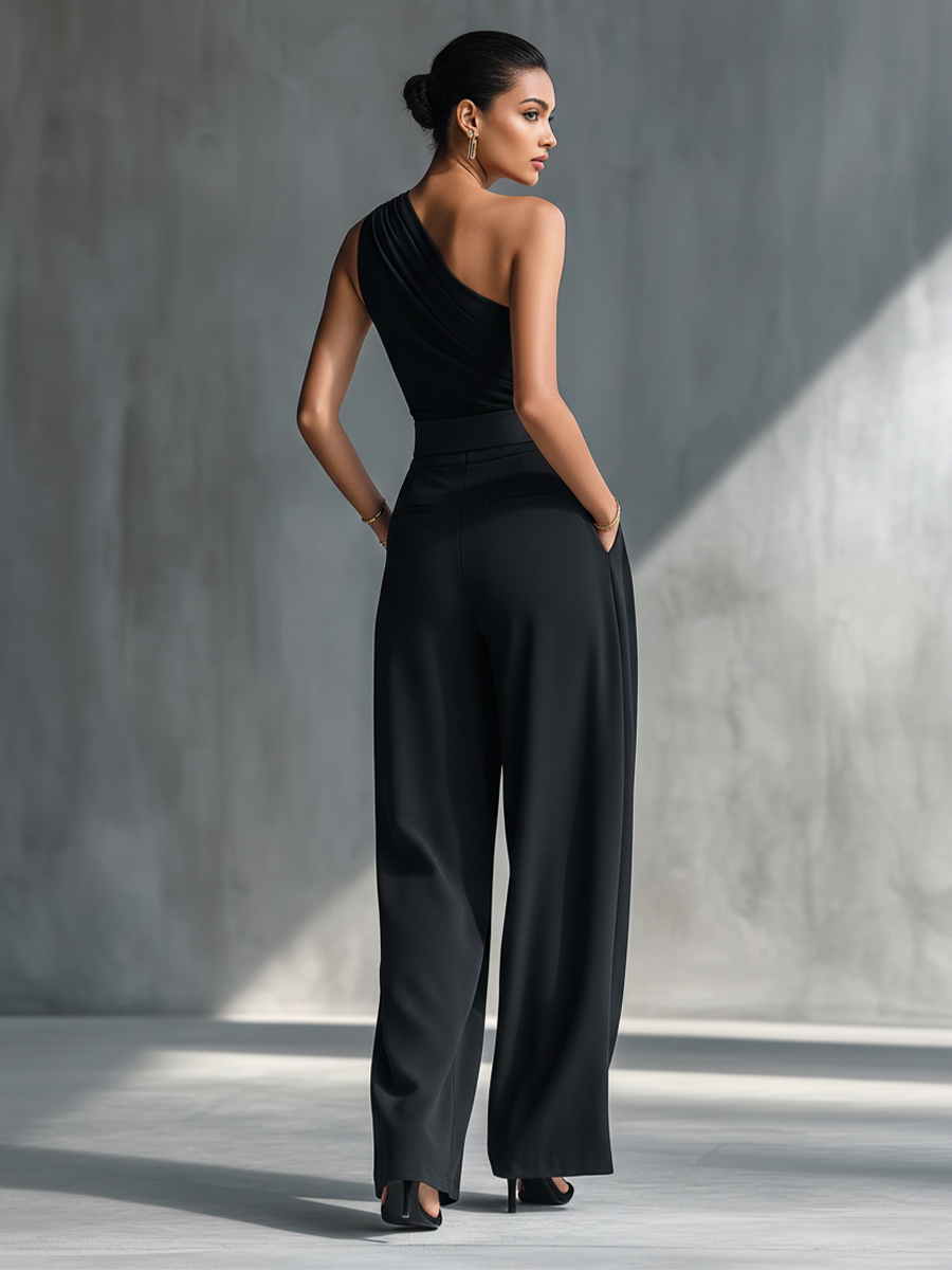 Avery | Women's Black High-elastic Knit Top And Wide-leg Pants