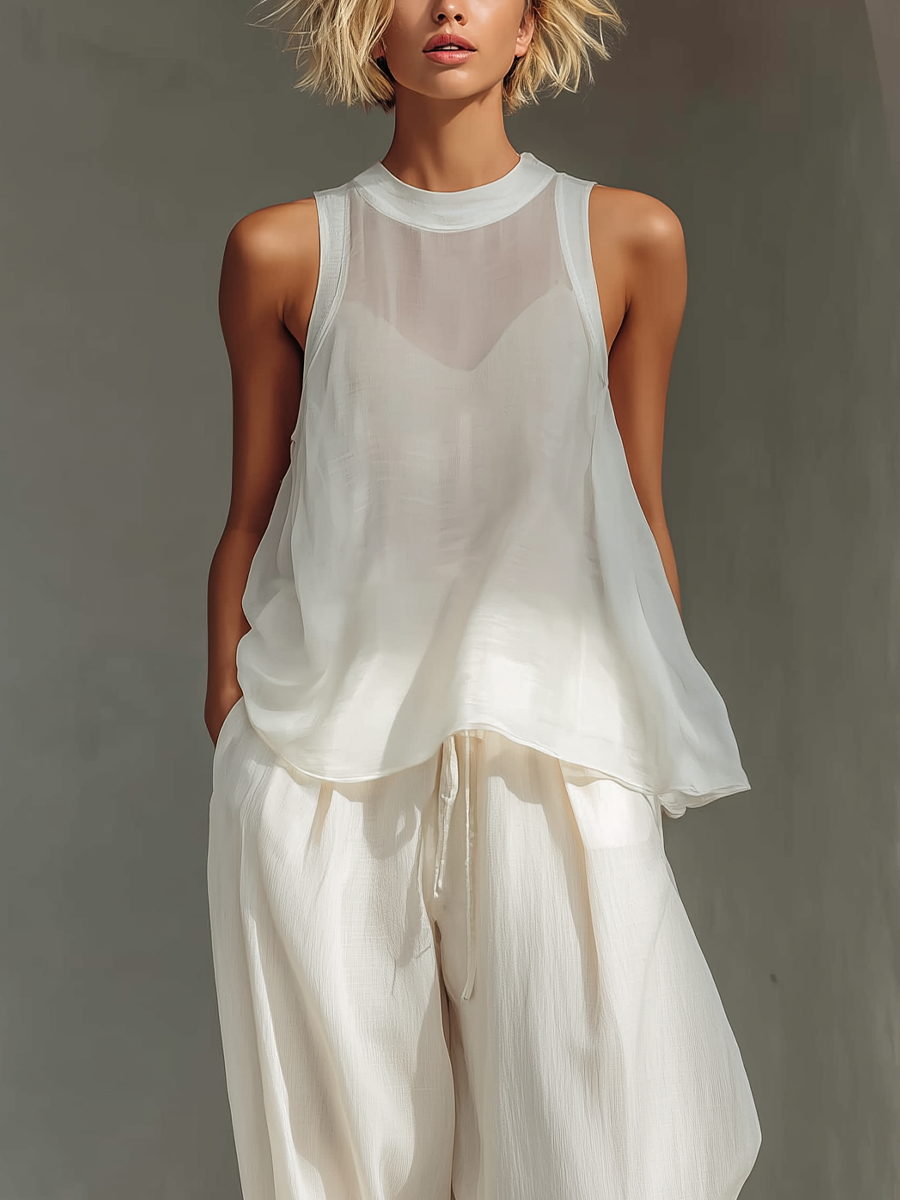Annabelle | Women's Sleeveless Chiffon Top And Drawstring Wide Leg Trousers Set