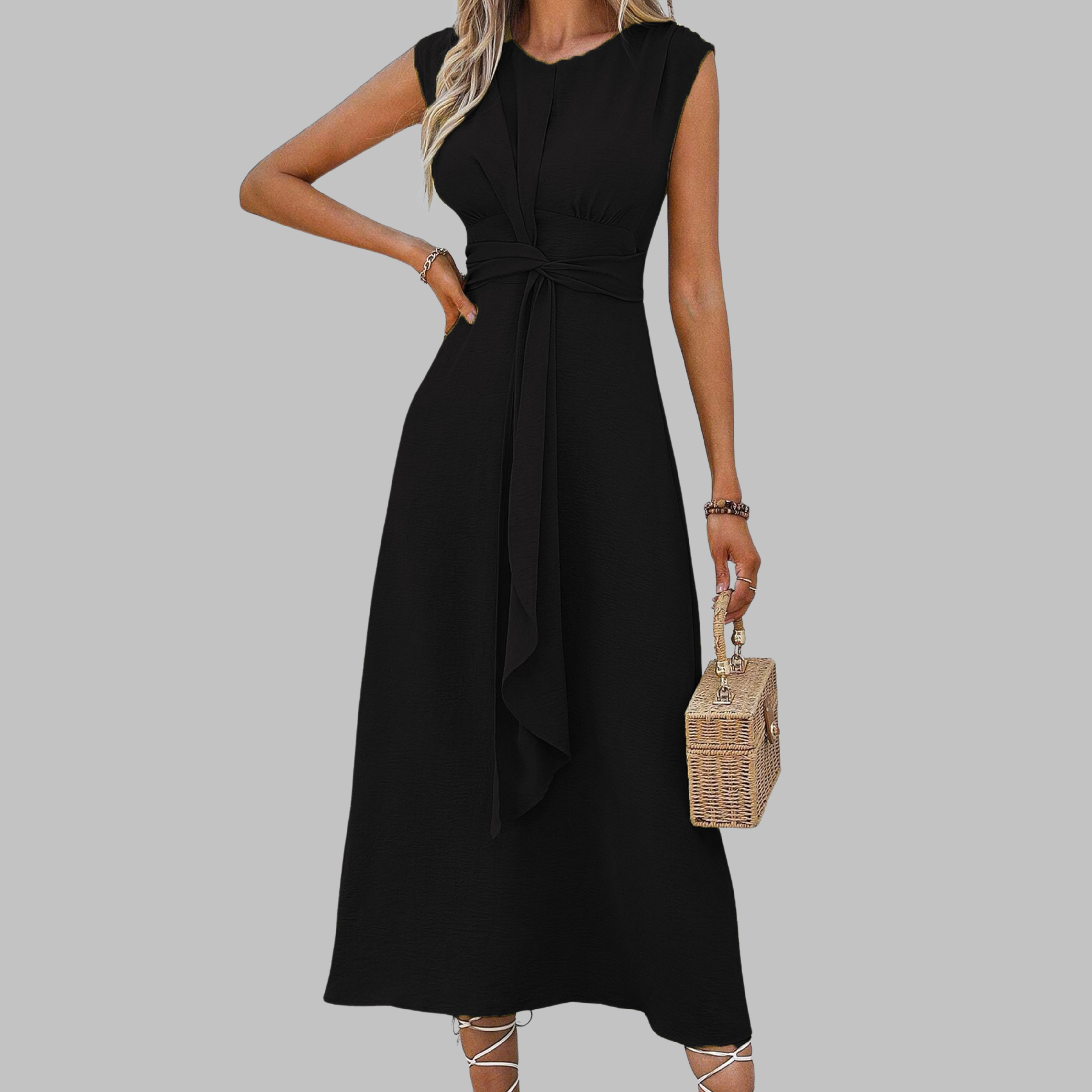 Celeste | Women's Belted Midi Dress Sleeveless Round Neck A-Line