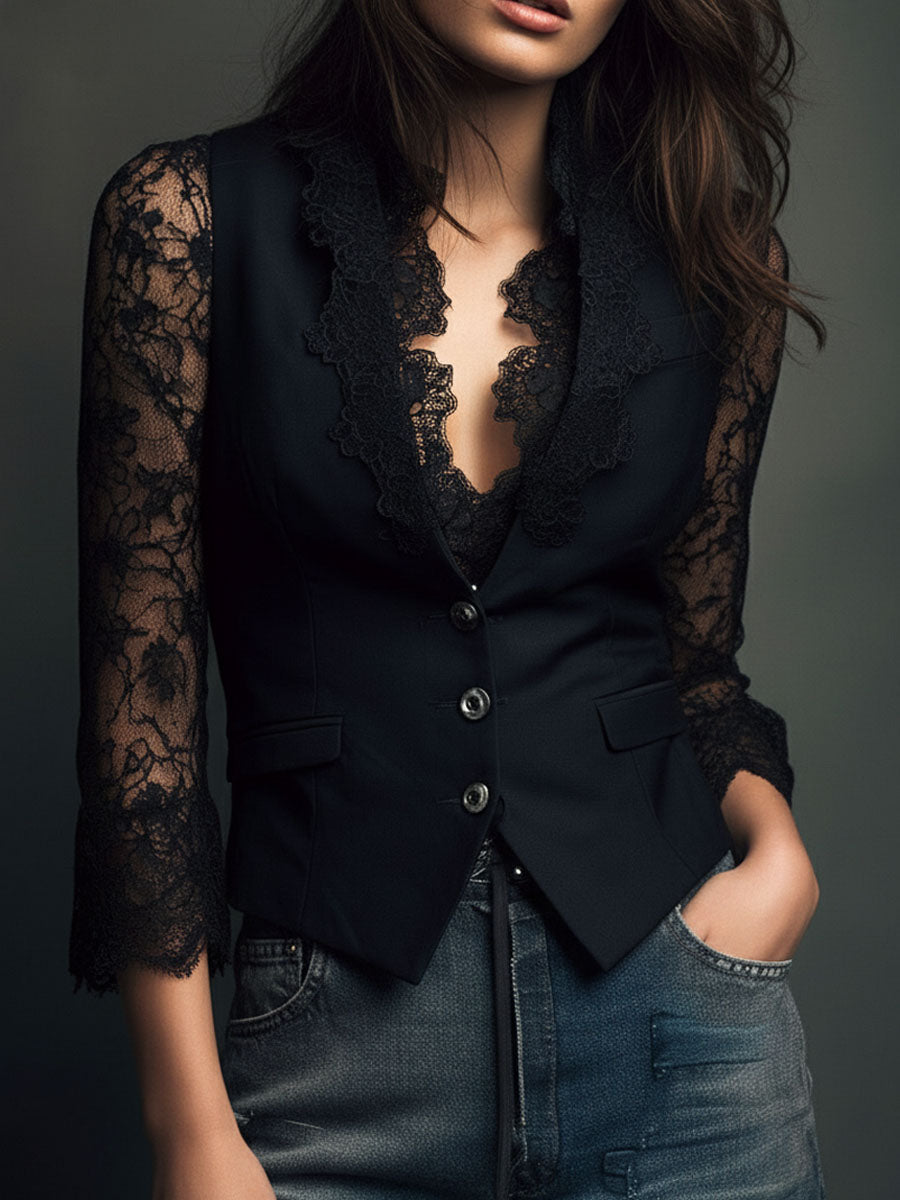 Elegant Black Lace Panel Sleeve Blazer Top