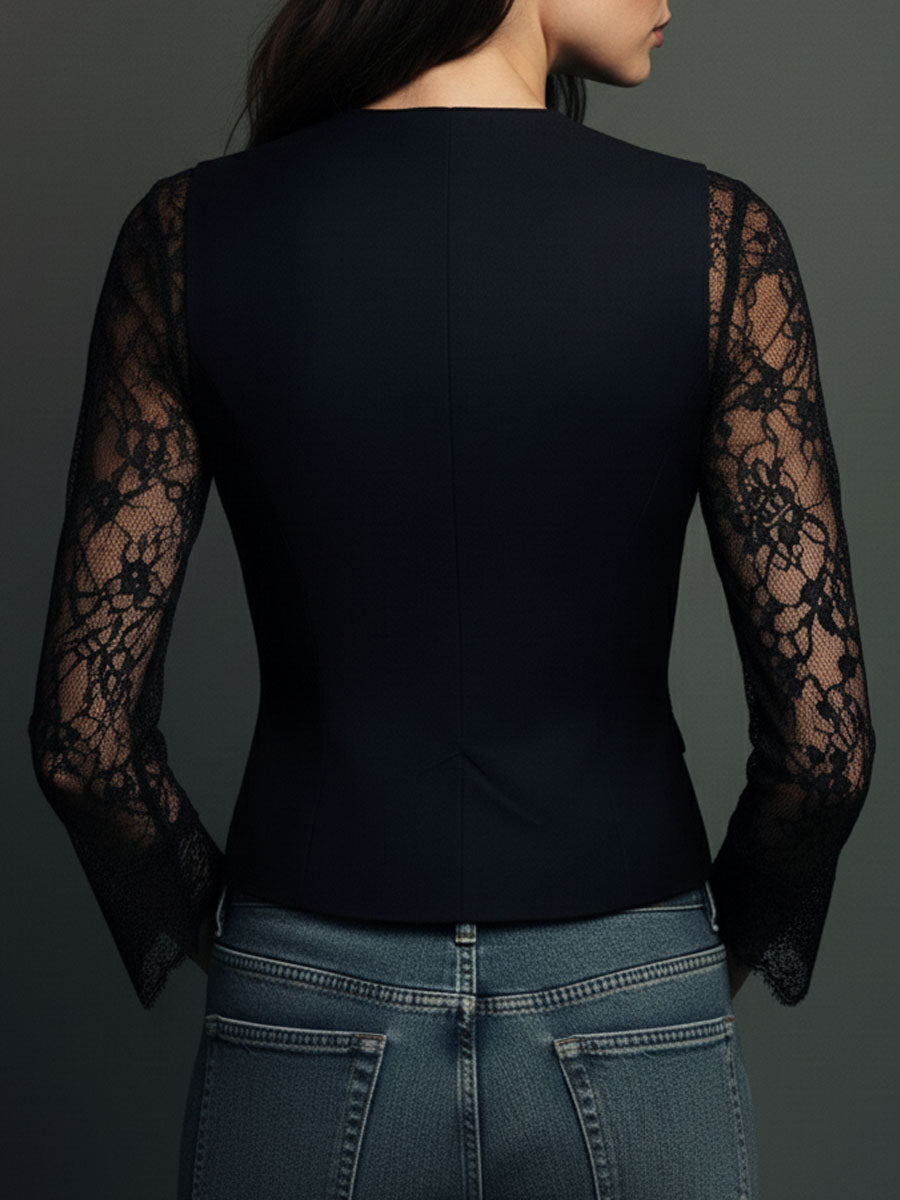 Elegant Black Lace Panel Sleeve Blazer Top