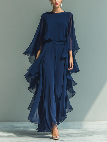 Florence | Women's Chiffon Flared Sleeve Top And Straight Leg Trousers Set