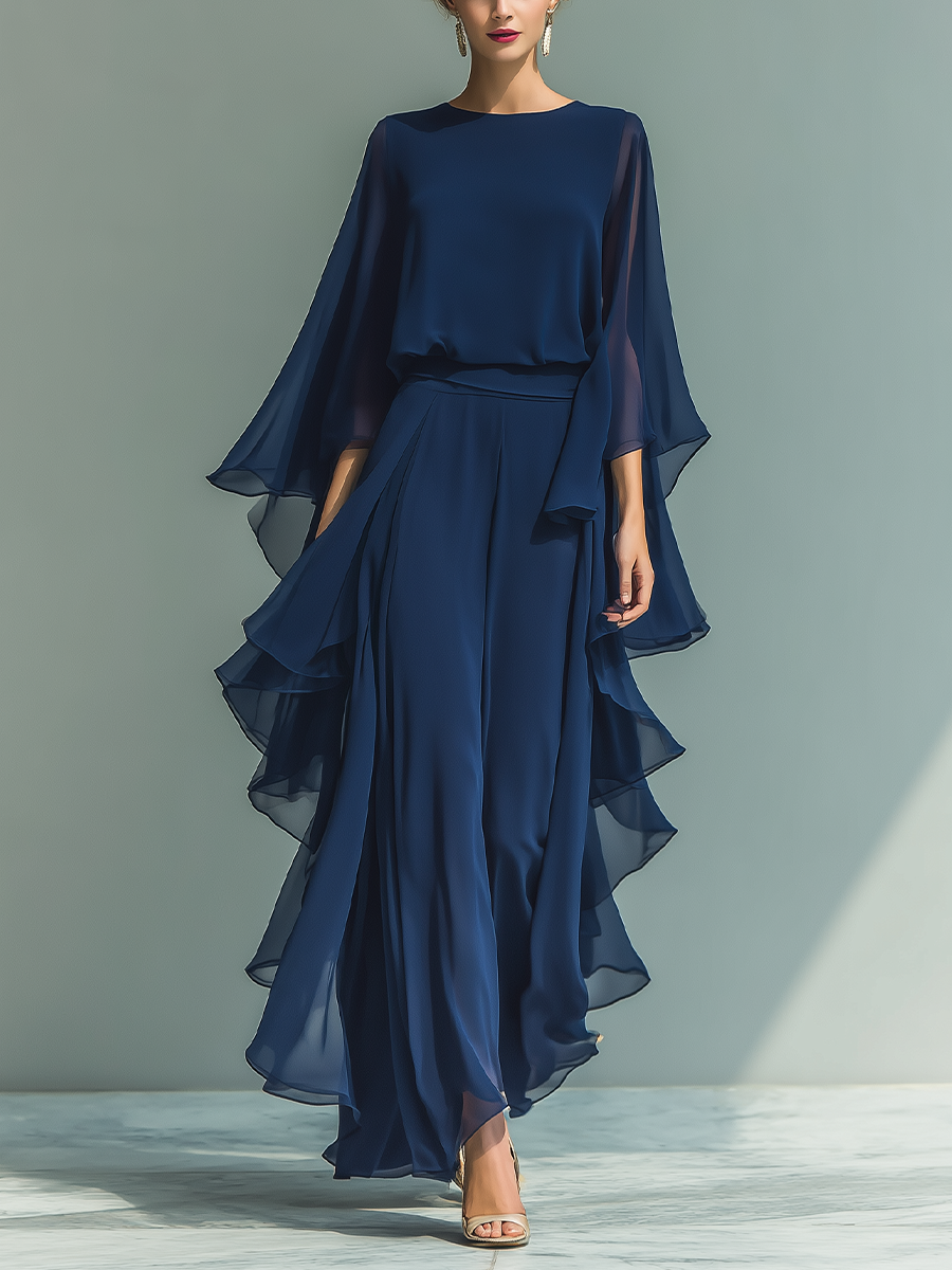 Florence | Women's Chiffon Flared Sleeve Top And Straight Leg Trousers Set