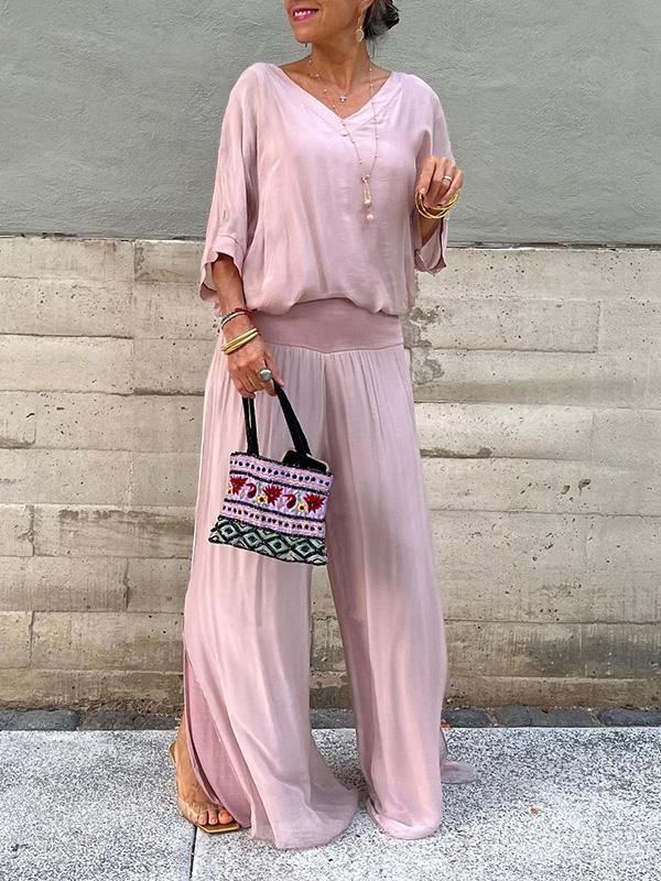 Celeste | Women's V-Neck Jumpsuit with Batwing Sleeves and Wide Legs