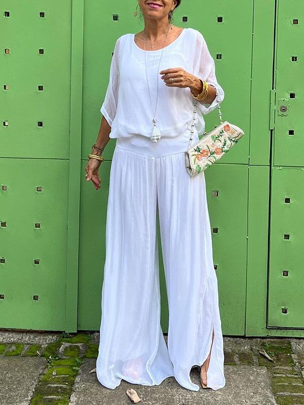 Celeste | Women's V-Neck Jumpsuit with Batwing Sleeves and Wide Legs