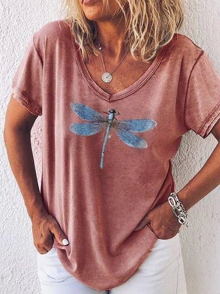 Harlow | Casual V-Neck Tee with Dragonfly Print and Short Sleeves