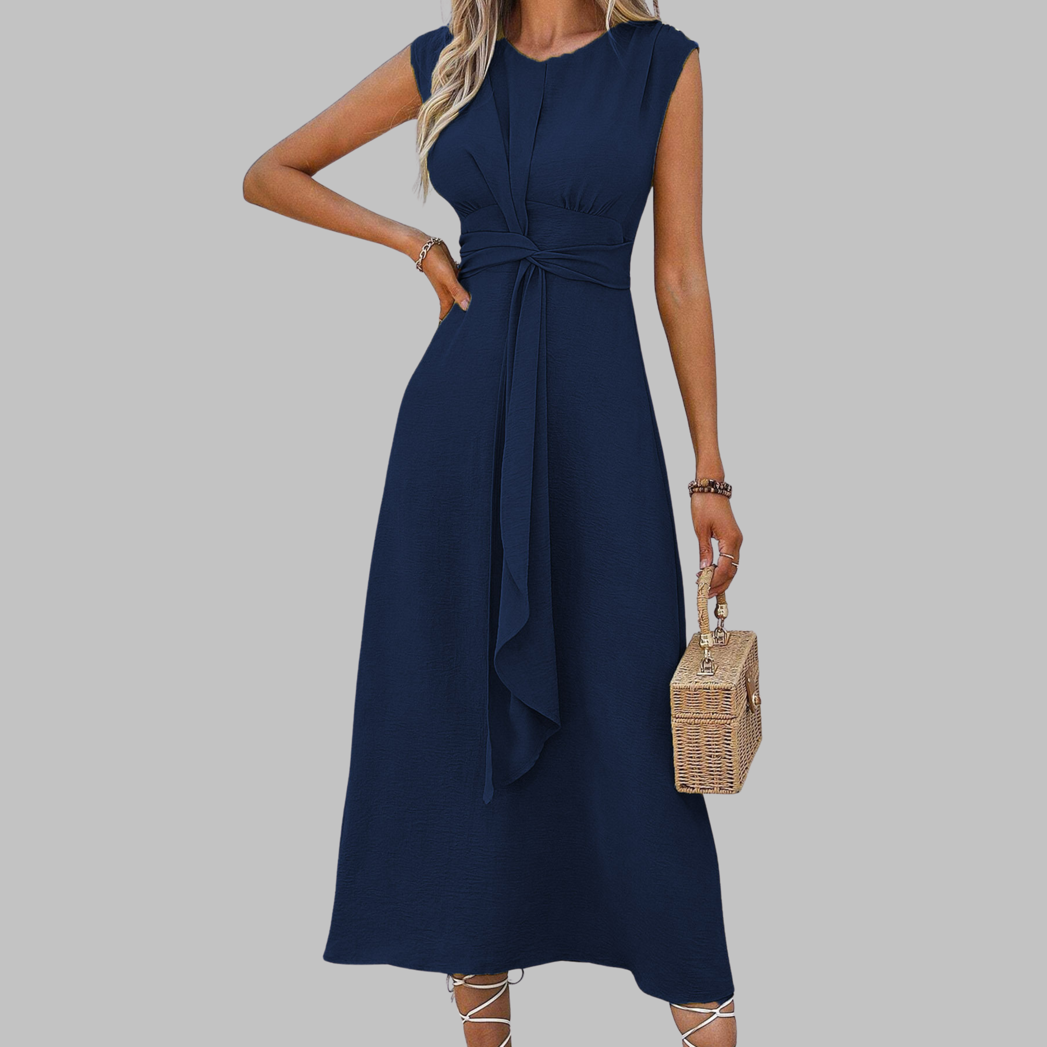Celeste | Women's Belted Midi Dress Sleeveless Round Neck A-Line