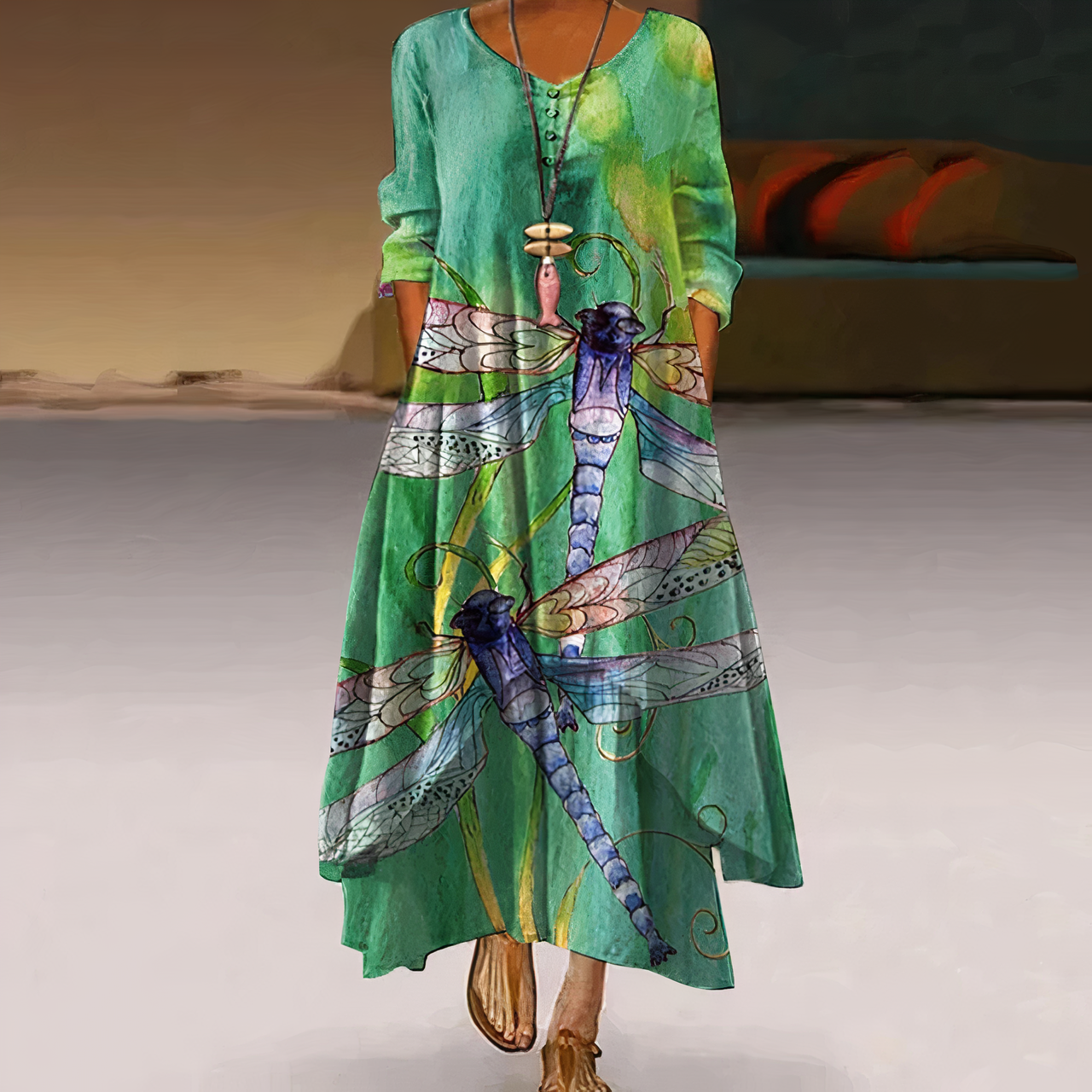 Flora | Women's Floral Print Long Sleeve Loose Maxi Dress