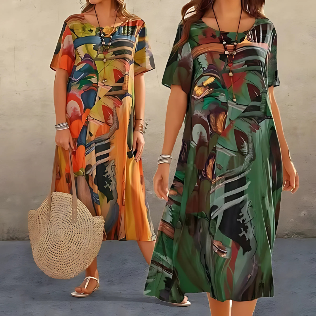 Amara | Women's Floral Dress with A-Line Cut and Short Sleeves
