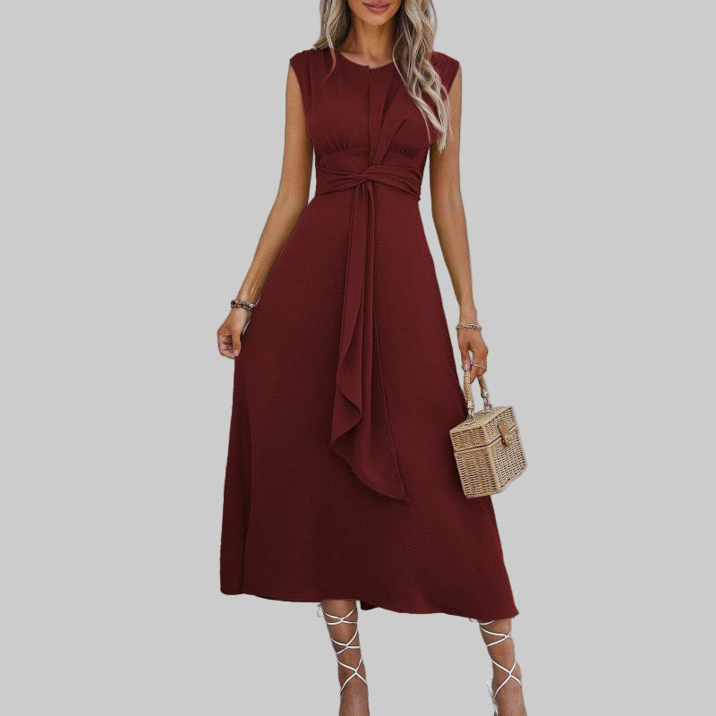 Celeste | Women's Belted Midi Dress Sleeveless Round Neck A-Line