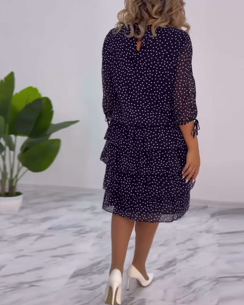 Dotty | Women's Polka Dot Tiered Midi Dress 3/4 Sleeve Chiffon