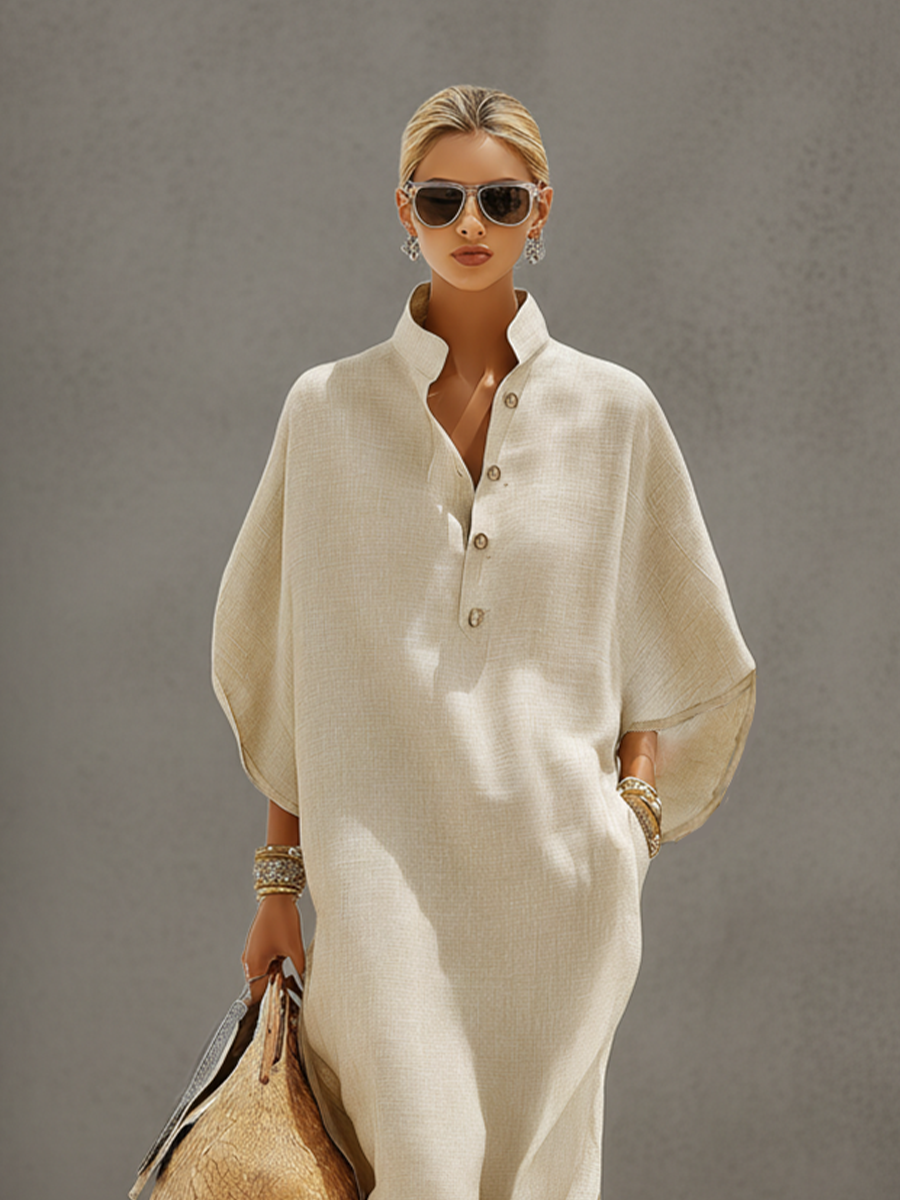 Emily | Linen Dress With Mandarin Collar & Dolman Sleeves, Timeless Resort-Casual Style Dress