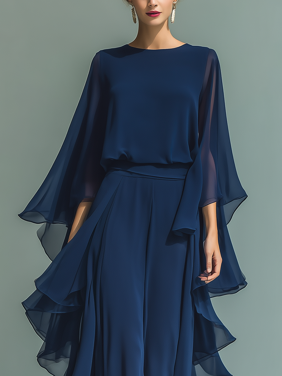 Florence | Women's Chiffon Flared Sleeve Top And Straight Leg Trousers Set