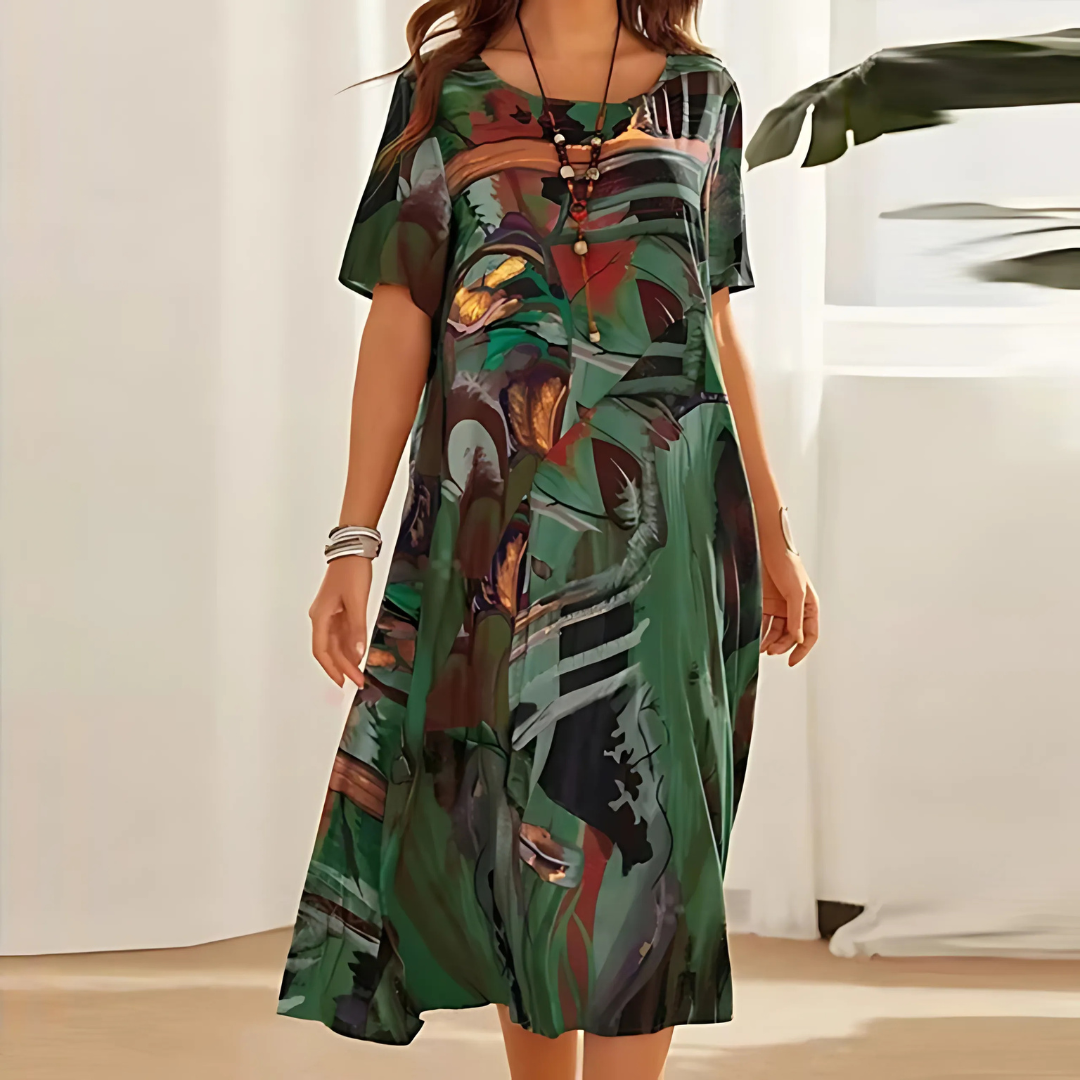 Amara | Women's Floral Dress with A-Line Cut and Short Sleeves