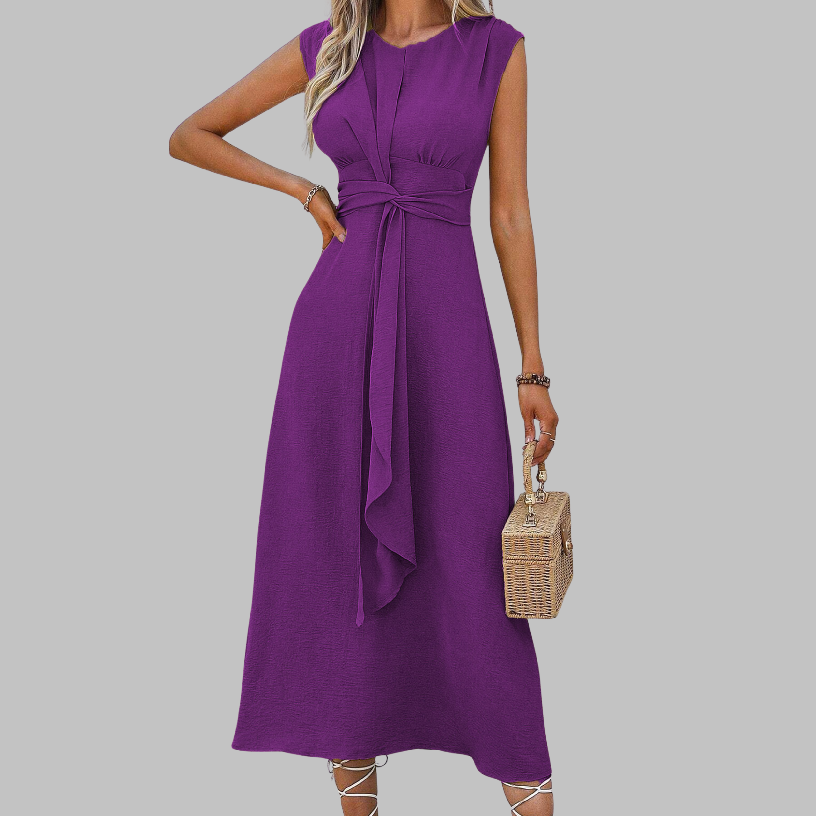 Celeste | Women's Belted Midi Dress Sleeveless Round Neck A-Line