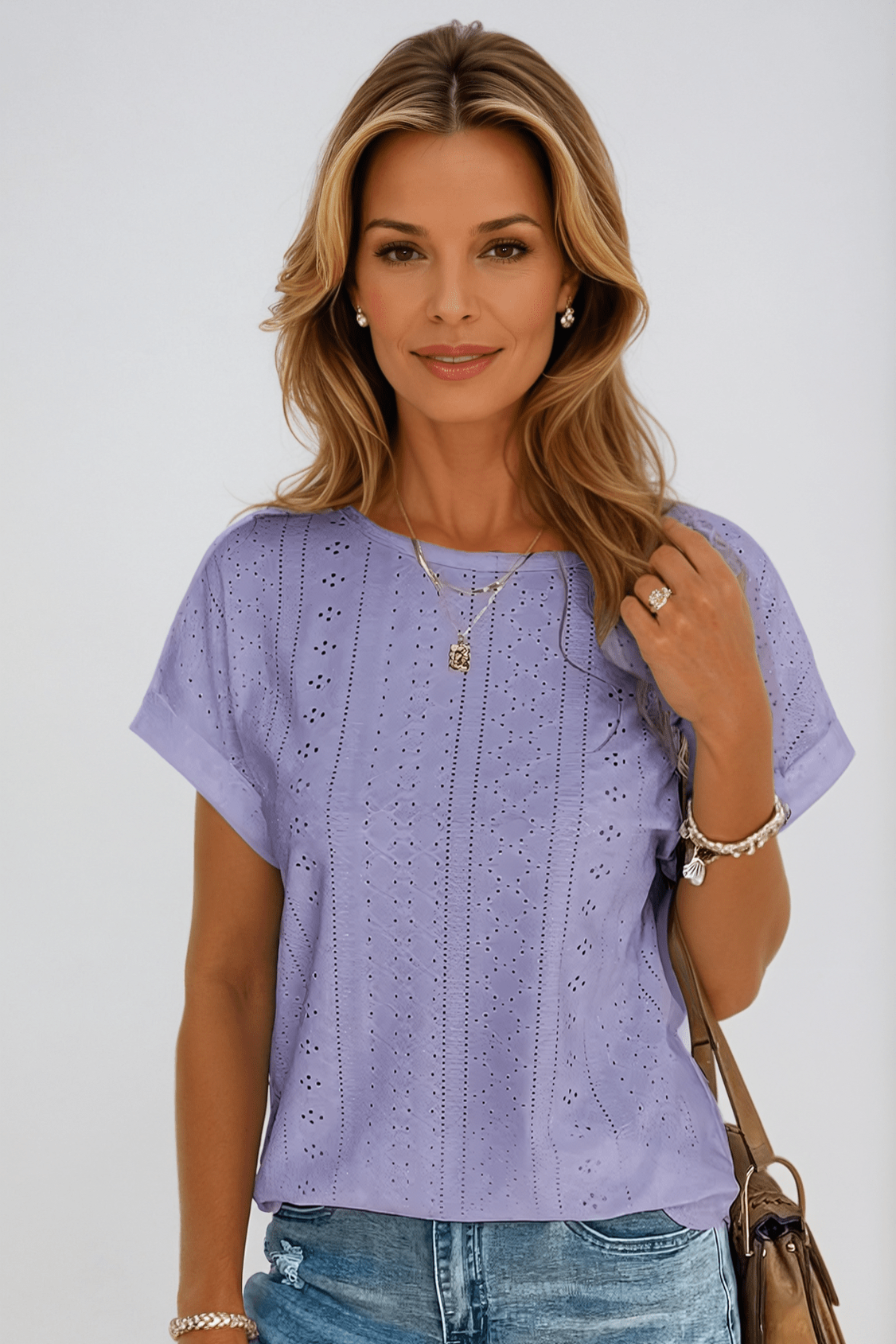 Elodie | Eyelet Embroidered Top with Crew Neck