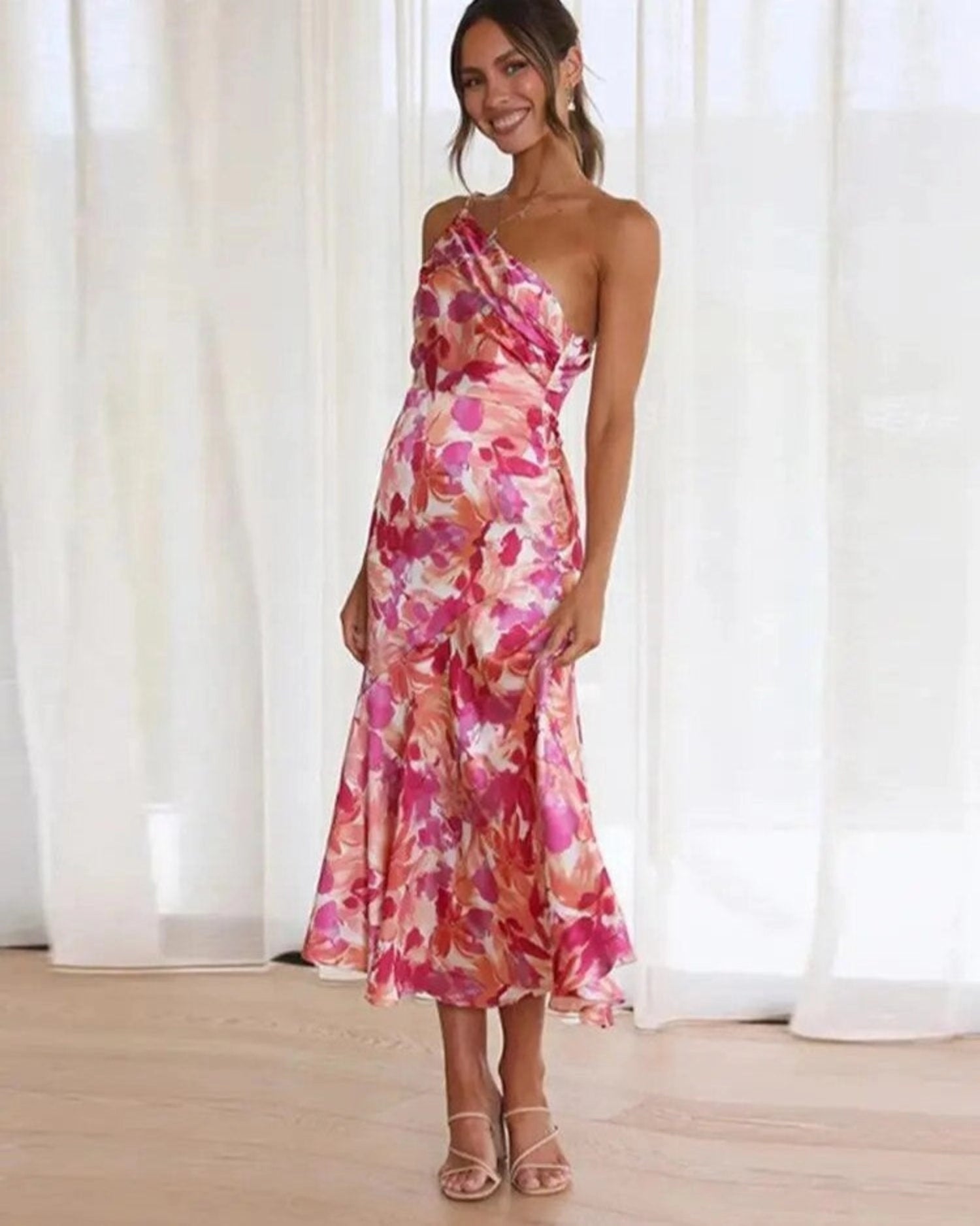 Genevieve | Women's Wedding Guest Floral Asymmetric Midi Dress
