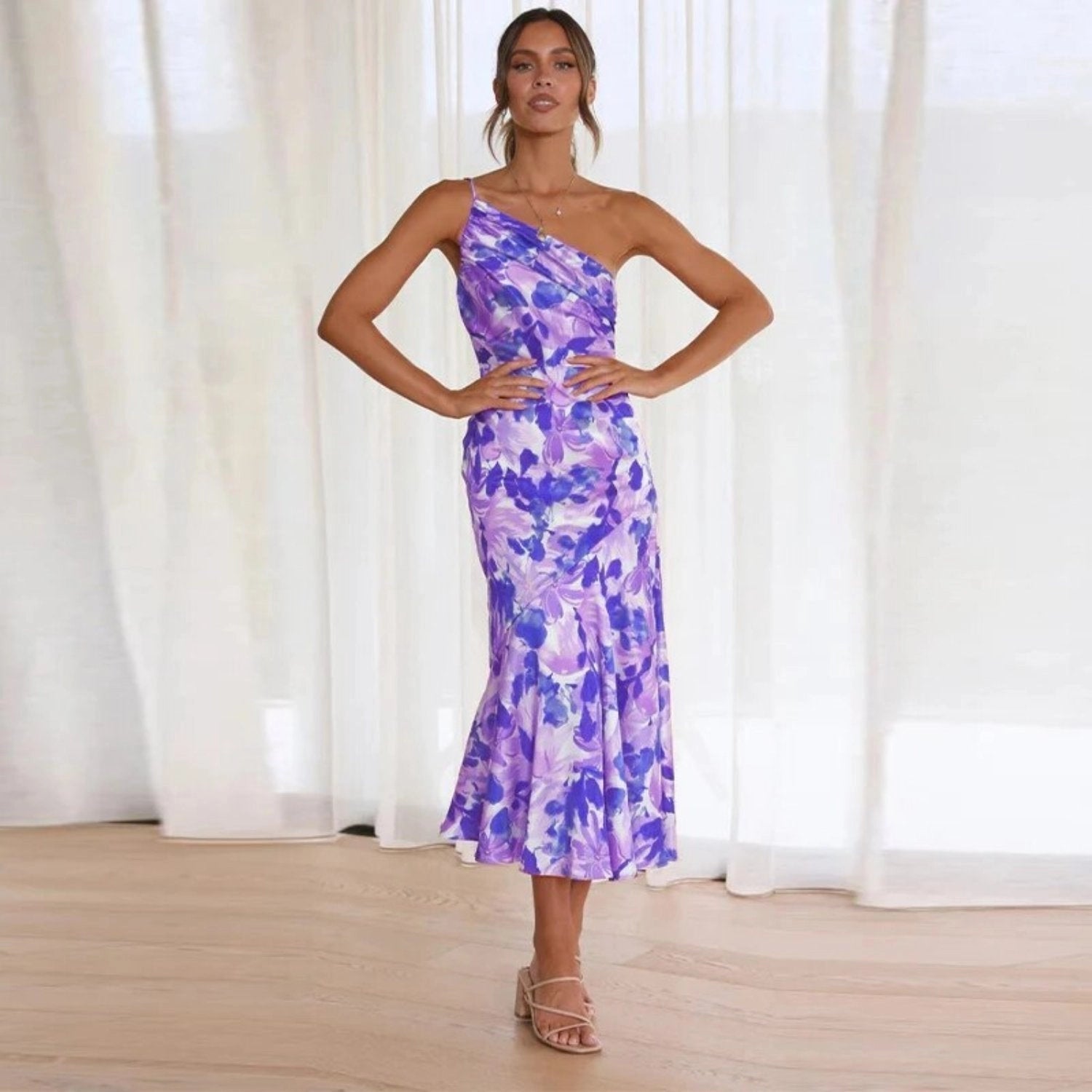 Genevieve | Women's Wedding Guest Floral Asymmetric Midi Dress