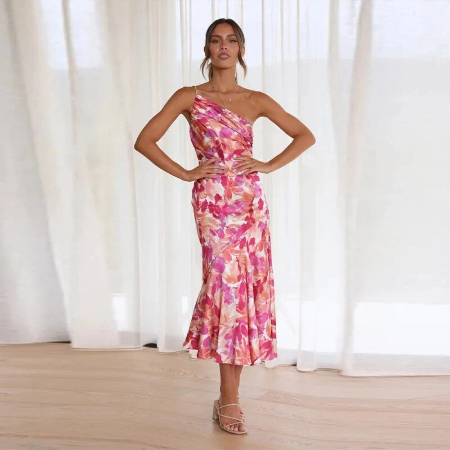 Genevieve | Women's Wedding Guest Floral Asymmetric Midi Dress