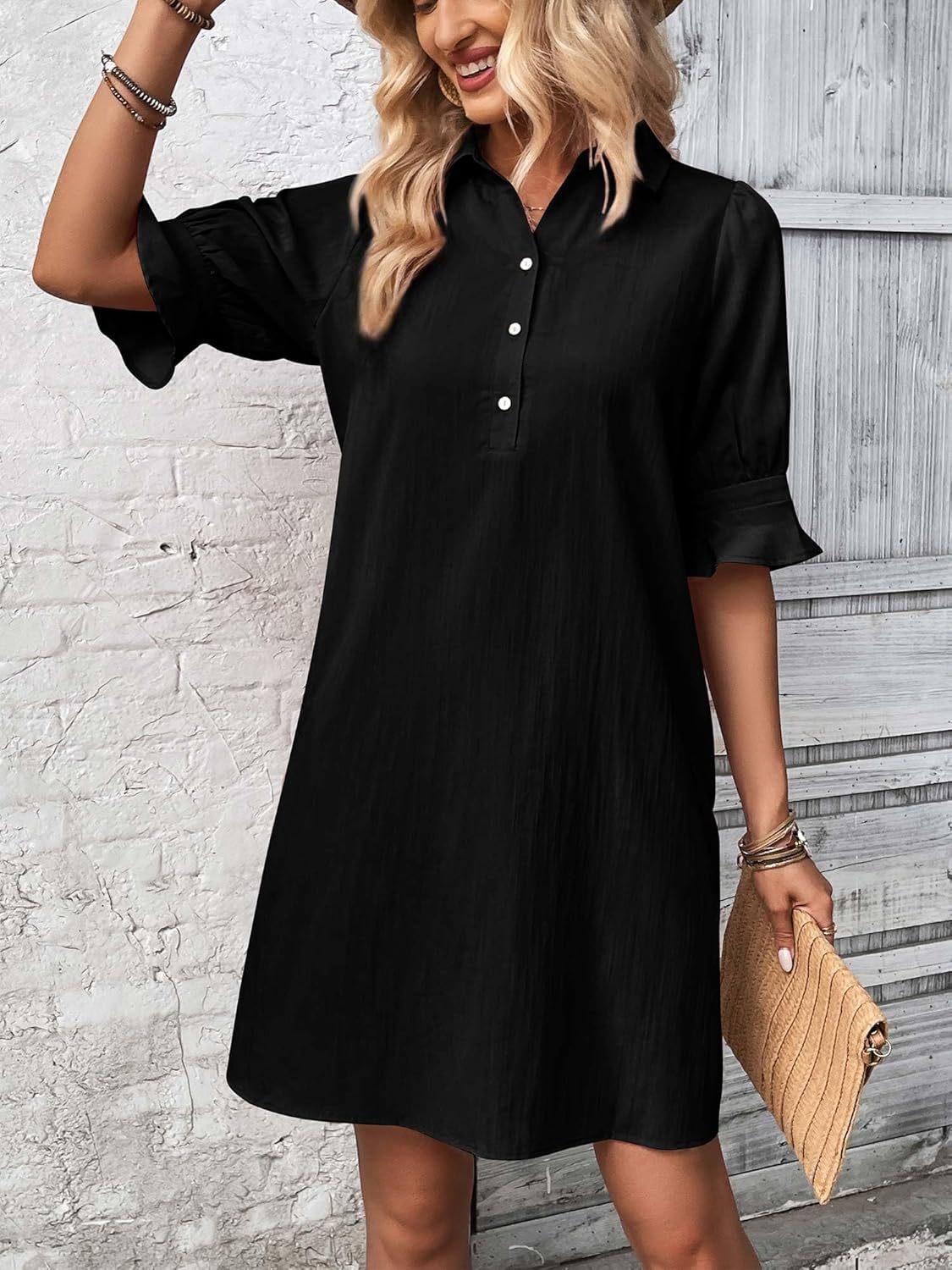 Auraline | Women's Button-Down Shirt Dress with 3/4 Sleeves and Knee Length