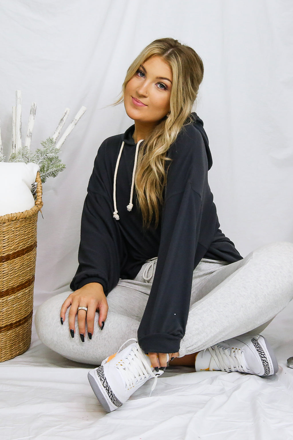 Brushed Balloon Sleeve Cropped Hoodie - Charcoal