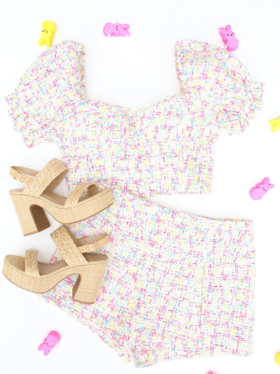 Cream Multi Color Tweed Puff Sleeve Corset Top
