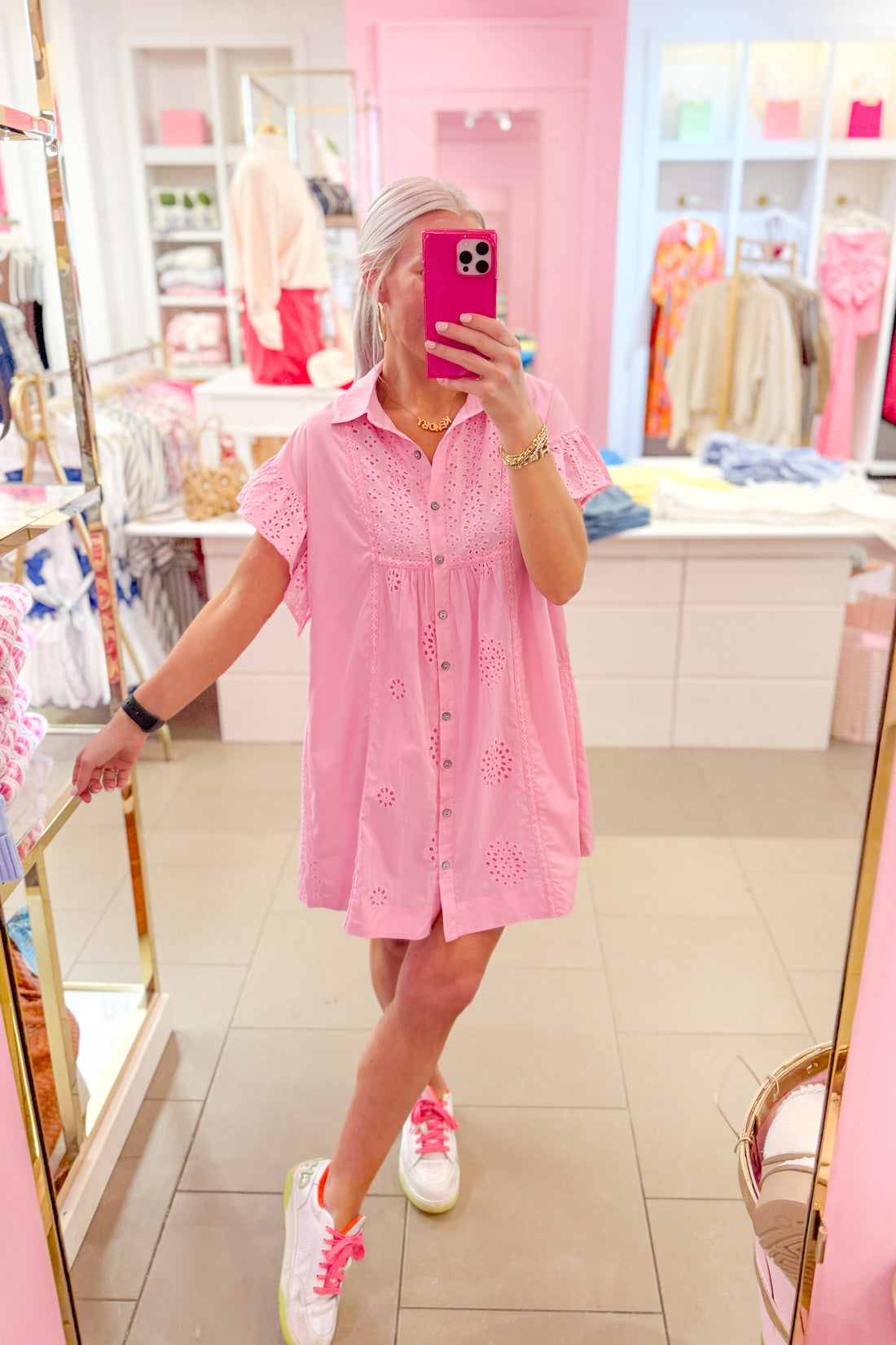 Pink Eyelet Button Down Mini Dress