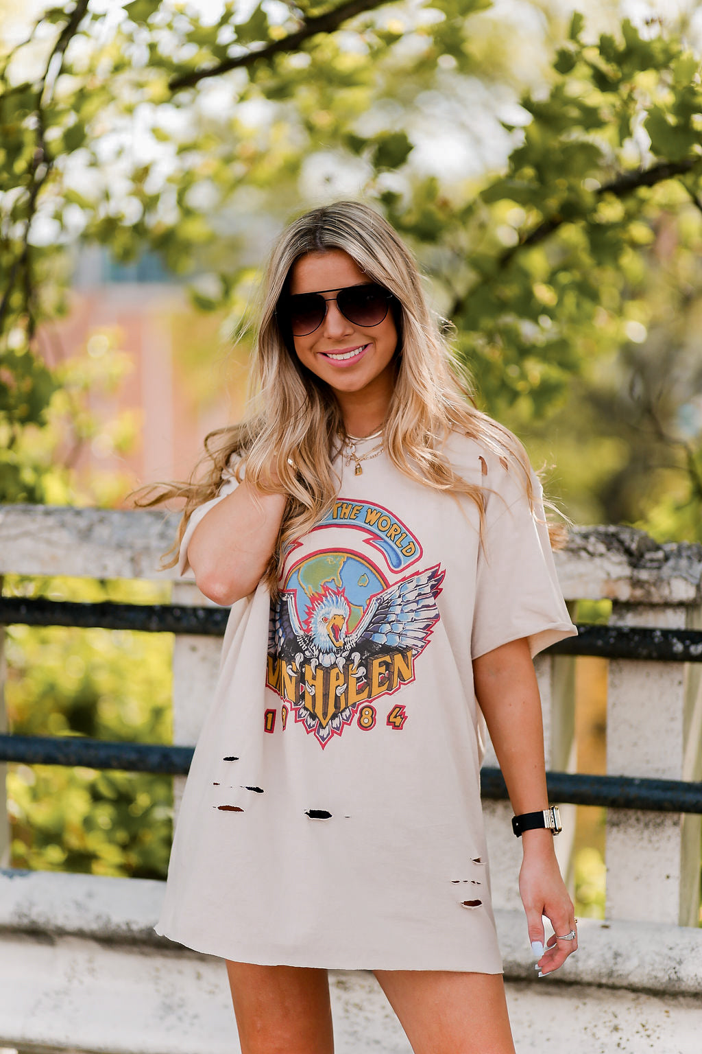 Distressed Tan Van Halen Graphic Band Tee