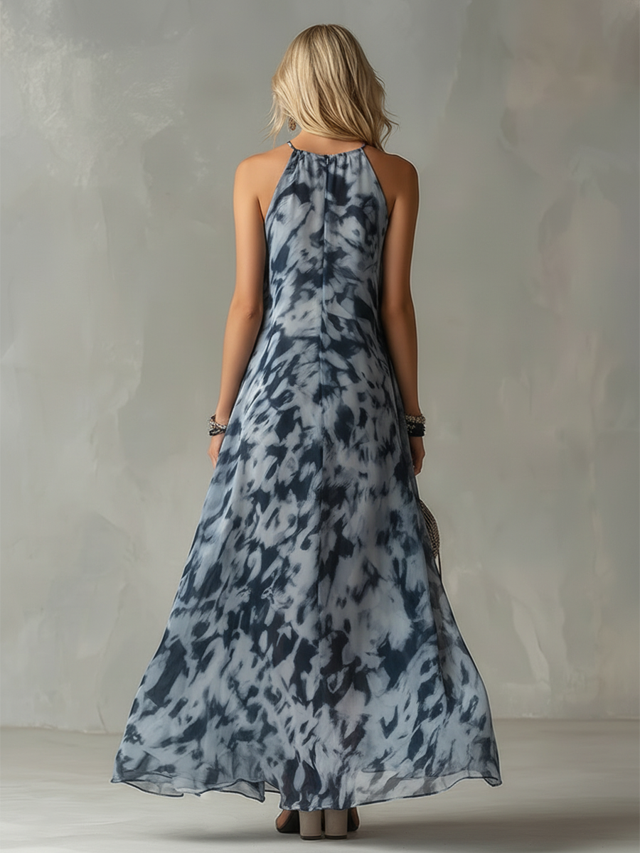 Aureline | Elegant Urban Navy Blue Impression Print Chiffon Halter Maxi Dress