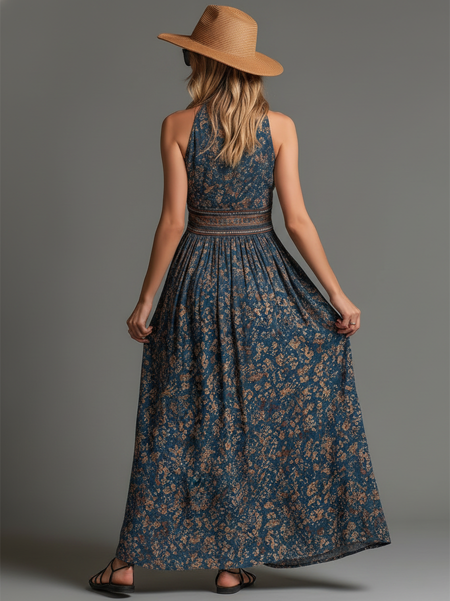 Evadine | Retro Bohemian Teal Floral Printed Chiffon Sleeveless Maxi Dress