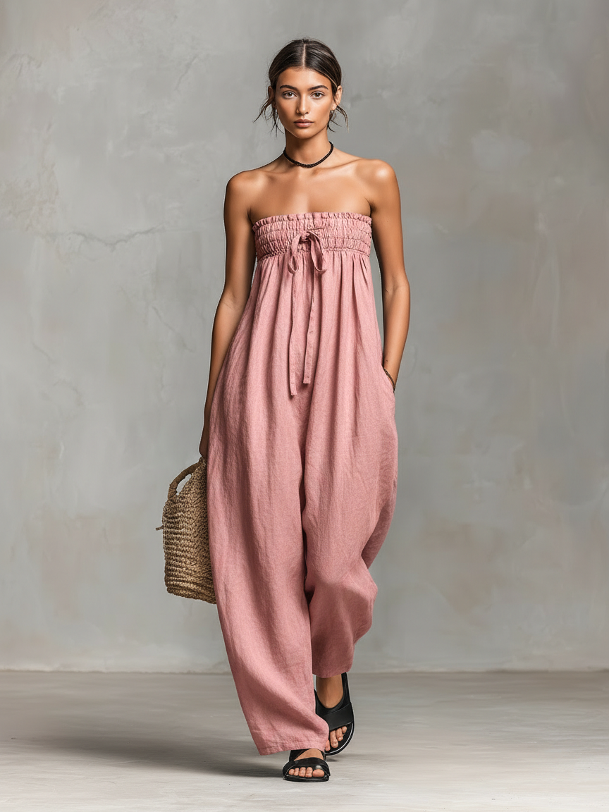 Harriet | Women's Strapless Loose Fit Jumpsuit With Tie Closure