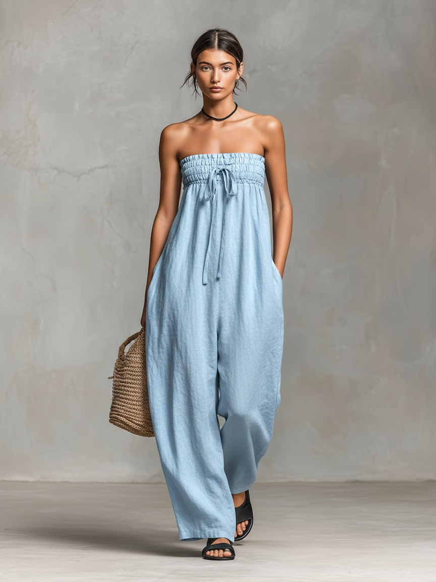Harriet | Women's Strapless Loose Fit Jumpsuit With Tie Closure