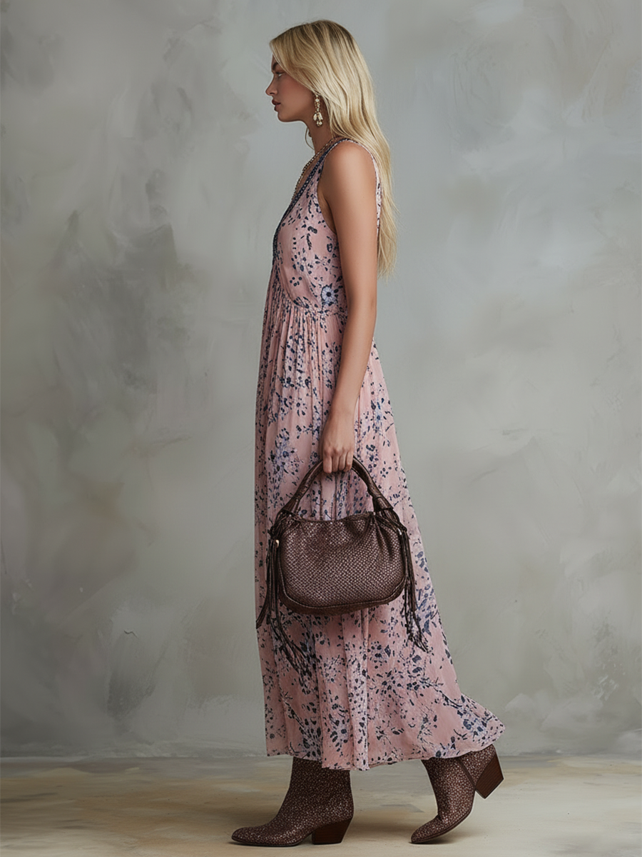 Evelisse | Retro Classic Floral Print Pink Chiffon V-Neck Sleeveless Maxi Dress