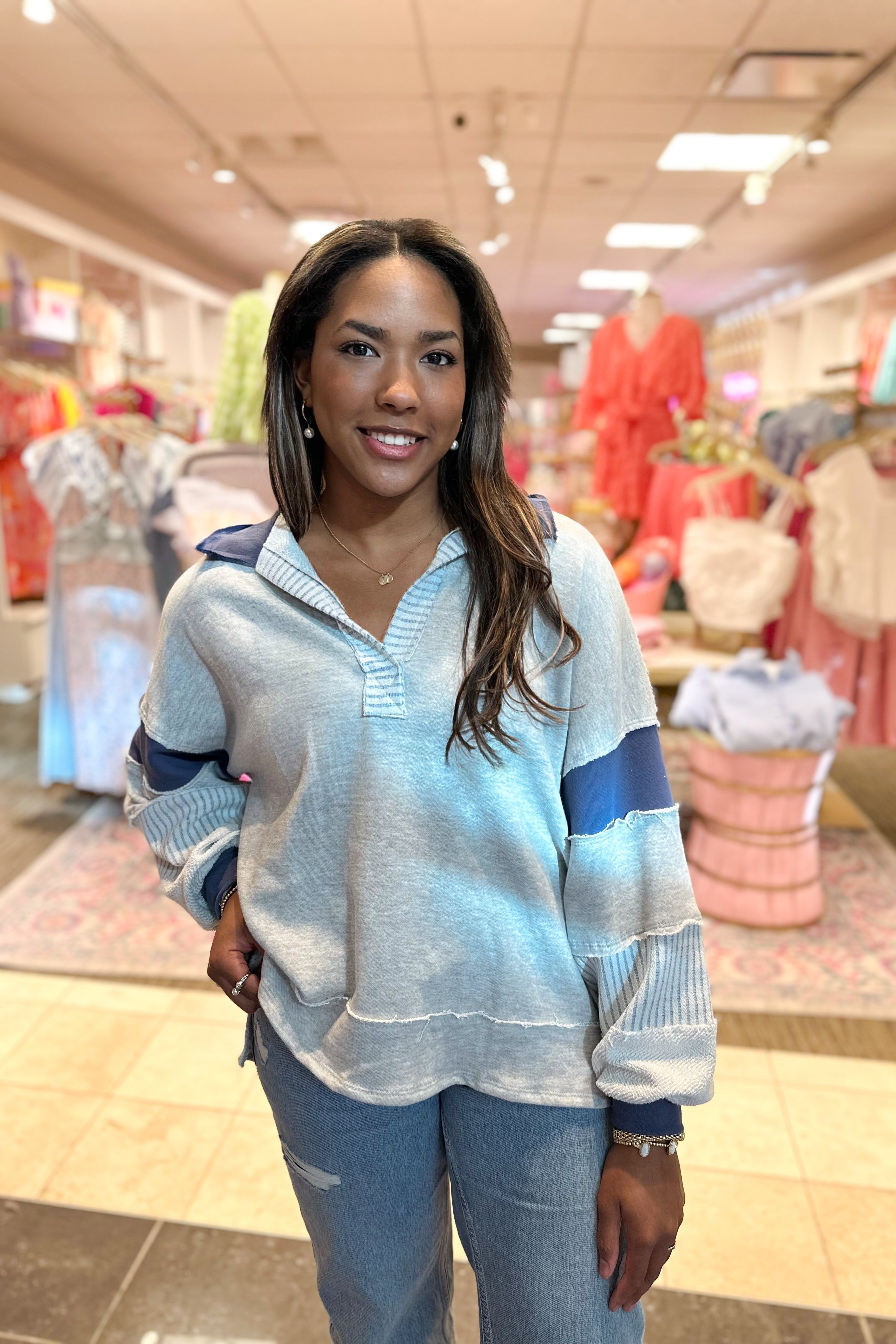 Heather Gray and Navy Color Block French Terry Pullover